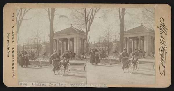 Stereoscope image of women bicycling in Prospect Park, 1894